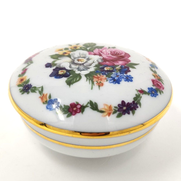 Floral Porcelain 3" Round Trinket Dish Box Earrings Rings Pins PM Wreath Crown - Picture 9 of 16